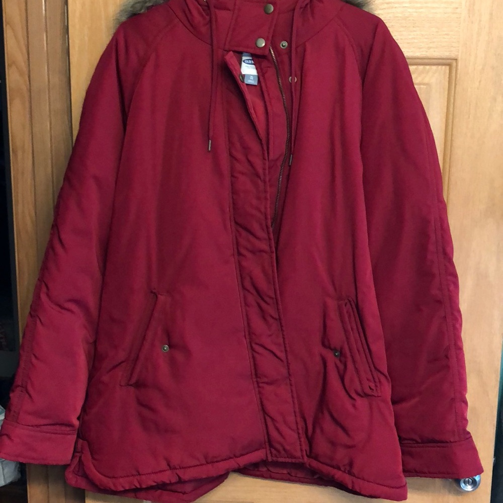 Red coat with fur-lined hood